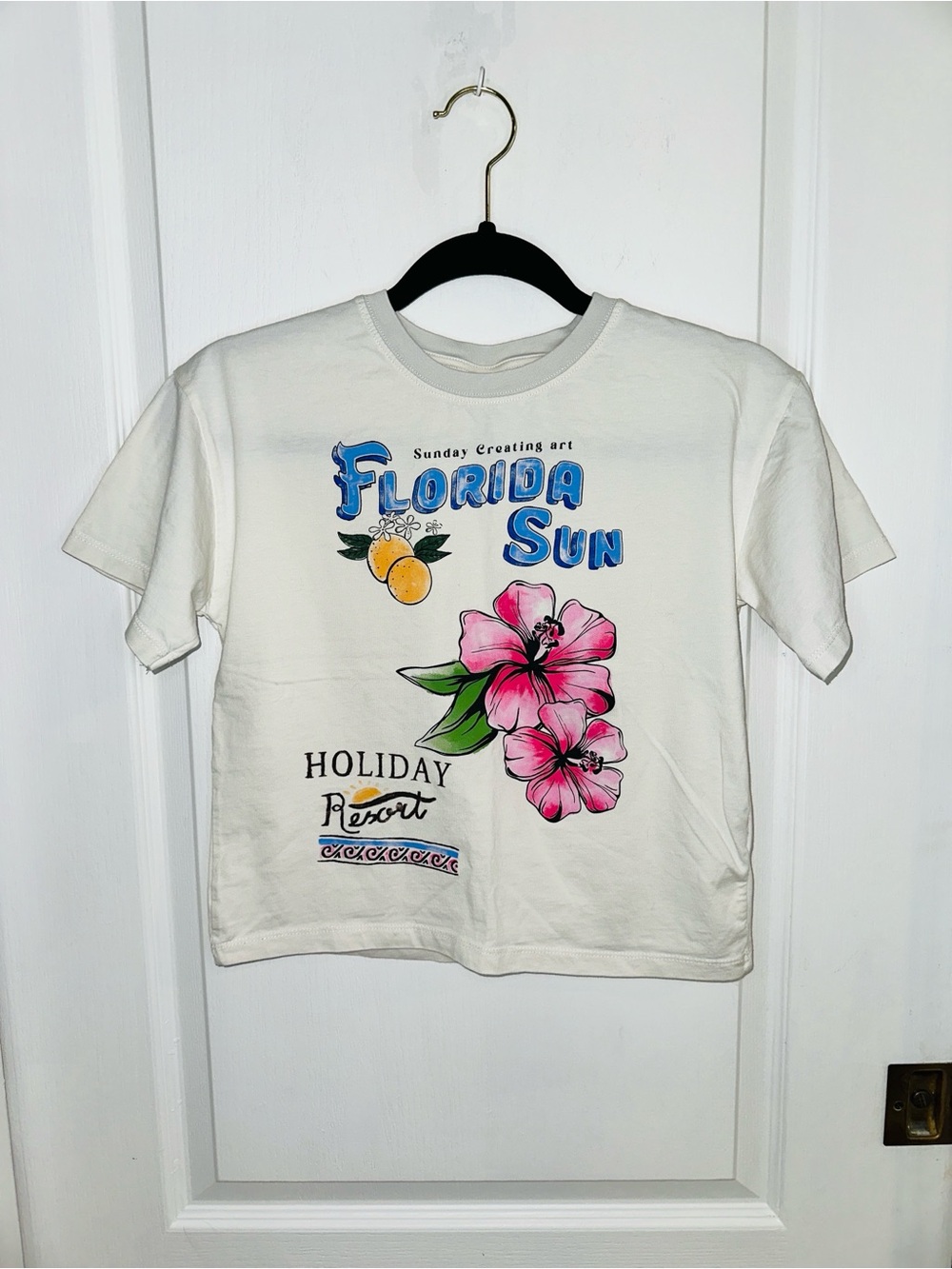 Zara White Tee with Pink Floral & Blue 'Florida Sun' Print (8-9 Years) (131CM)